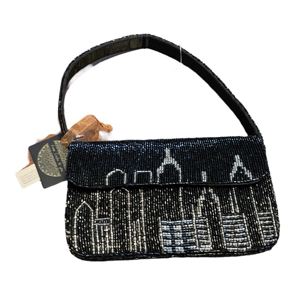 From India to You Handbags - From India to You Hand Beaded NYC Skyline Shoulder Purse, Black, Gold & Silver.
